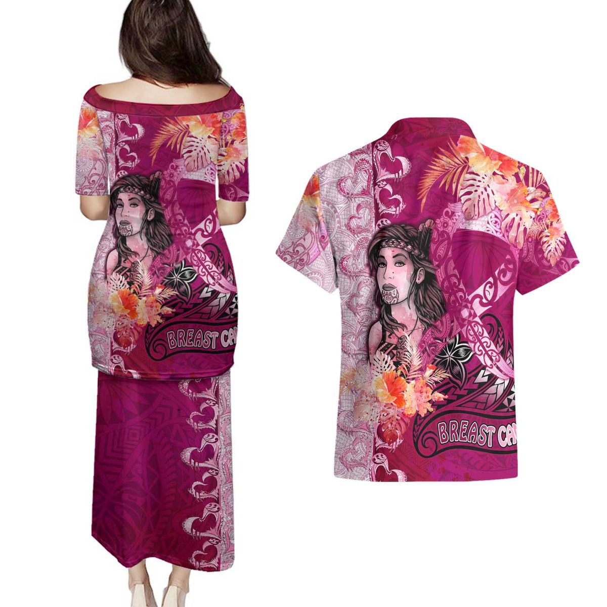 Breast Cancer New Zealand Couples Matching Puletasi and Hawaiian Shirt Maori Aotearoa Girl Pink Out
