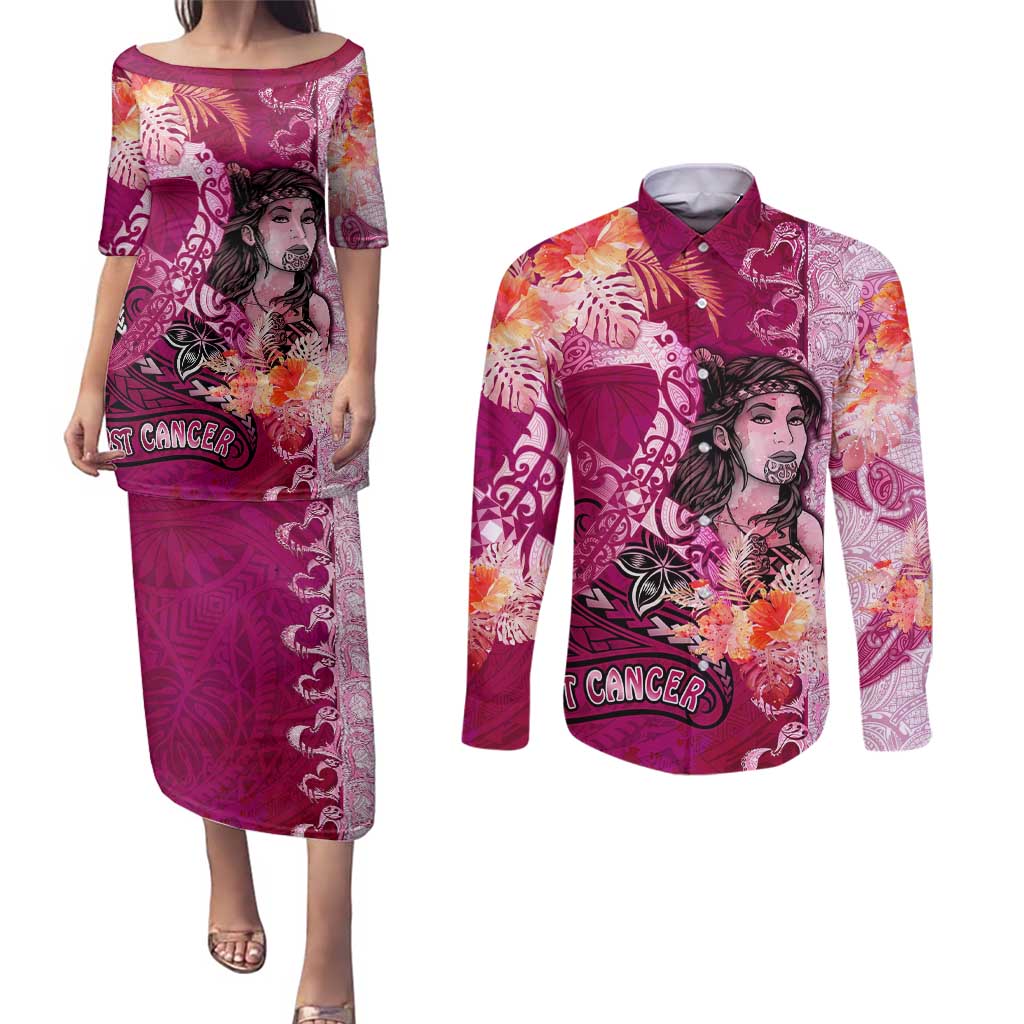 Breast Cancer New Zealand Couples Matching Puletasi and Long Sleeve Button Shirt Maori Aotearoa Girl Pink Out