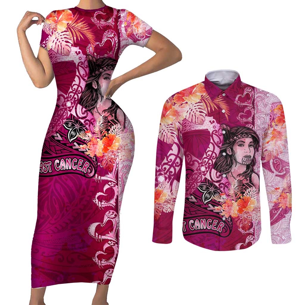 Breast Cancer New Zealand Couples Matching Short Sleeve Bodycon Dress and Long Sleeve Button Shirt Maori Aotearoa Girl Pink Out