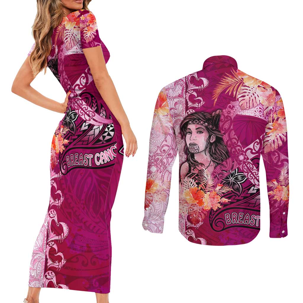 Breast Cancer New Zealand Couples Matching Short Sleeve Bodycon Dress and Long Sleeve Button Shirt Maori Aotearoa Girl Pink Out