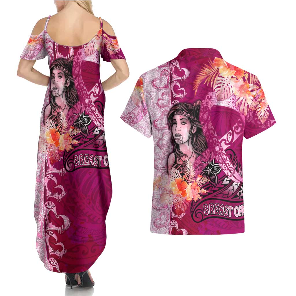 Breast Cancer New Zealand Couples Matching Summer Maxi Dress and Hawaiian Shirt Maori Aotearoa Girl Pink Out