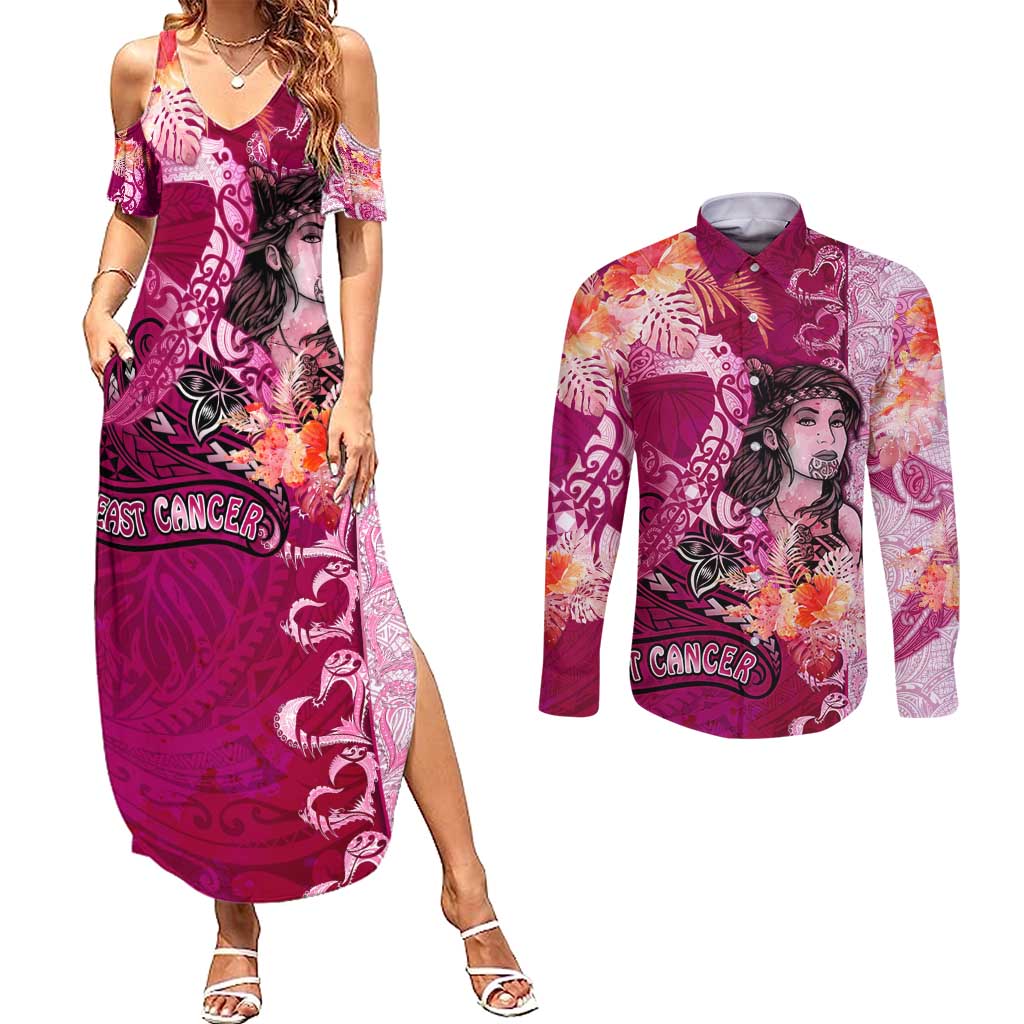 Breast Cancer New Zealand Couples Matching Summer Maxi Dress and Long Sleeve Button Shirt Maori Aotearoa Girl Pink Out