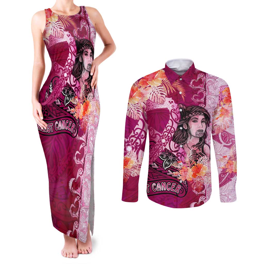 Breast Cancer New Zealand Couples Matching Tank Maxi Dress and Long Sleeve Button Shirt Maori Aotearoa Girl Pink Out