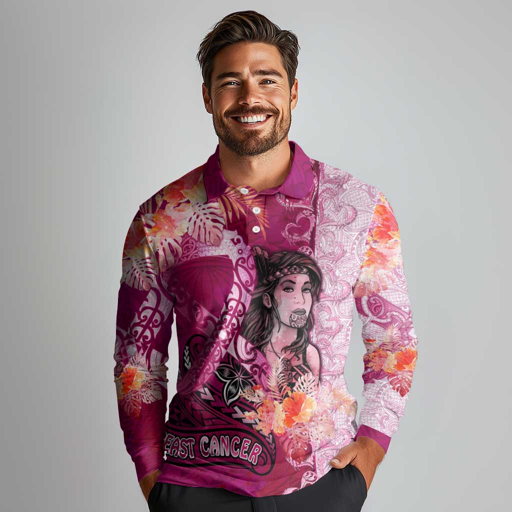Breast Cancer New Zealand Long Sleeve Polo Shirt Maori Aotearoa Girl Pink Out