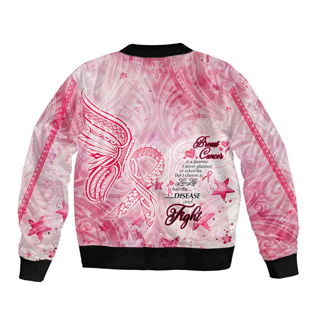 Breast Cancer Awareness Month Bomber Jacket Butterfly Polynesia Watercolor Pink