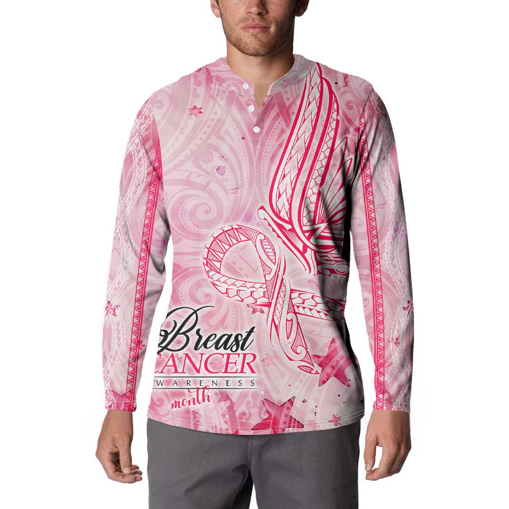 Breast Cancer Awareness Month Button Sweatshirt Butterfly Polynesia Watercolor Pink