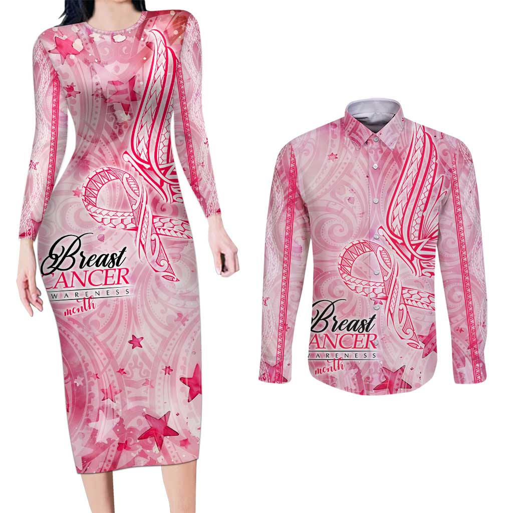 Breast Cancer Awareness Month Couples Matching Long Sleeve Bodycon Dress and Long Sleeve Button Shirt Butterfly Polynesia Watercolor Pink
