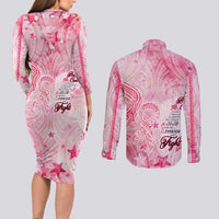 Breast Cancer Awareness Month Couples Matching Long Sleeve Bodycon Dress and Long Sleeve Button Shirt Butterfly Polynesia Watercolor Pink