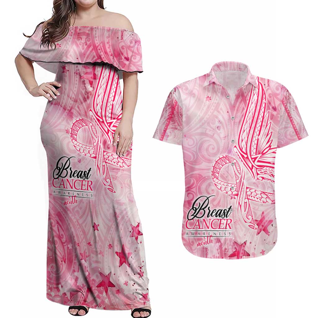 Breast Cancer Awareness Month Couples Matching Off Shoulder Maxi Dress and Hawaiian Shirt Butterfly Polynesia Watercolor Pink DT02 Pink - Polynesian Pride