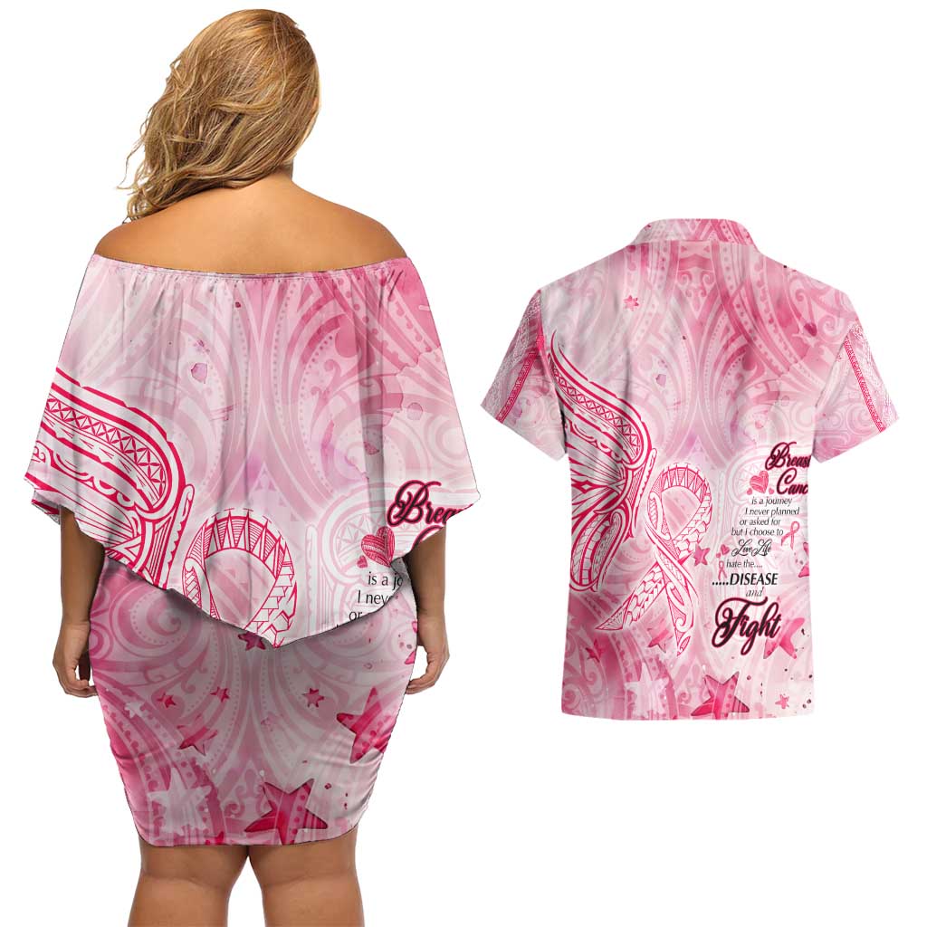 Breast Cancer Awareness Month Couples Matching Off Shoulder Short Dress and Hawaiian Shirt Butterfly Polynesia Watercolor Pink