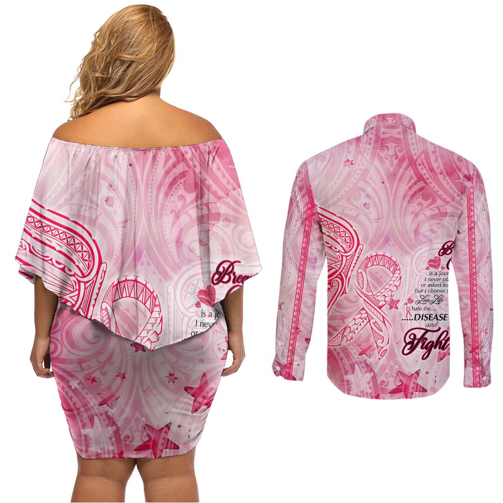 Breast Cancer Awareness Month Couples Matching Off Shoulder Short Dress and Long Sleeve Button Shirt Butterfly Polynesia Watercolor Pink