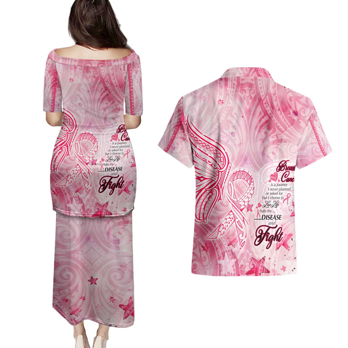 Breast Cancer Awareness Month Couples Matching Puletasi and Hawaiian Shirt Butterfly Polynesia Watercolor Pink