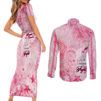 Breast Cancer Awareness Month Couples Matching Short Sleeve Bodycon Dress and Long Sleeve Button Shirt Butterfly Polynesia Watercolor Pink