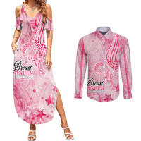 Breast Cancer Awareness Month Couples Matching Summer Maxi Dress and Long Sleeve Button Shirt Butterfly Polynesia Watercolor Pink
