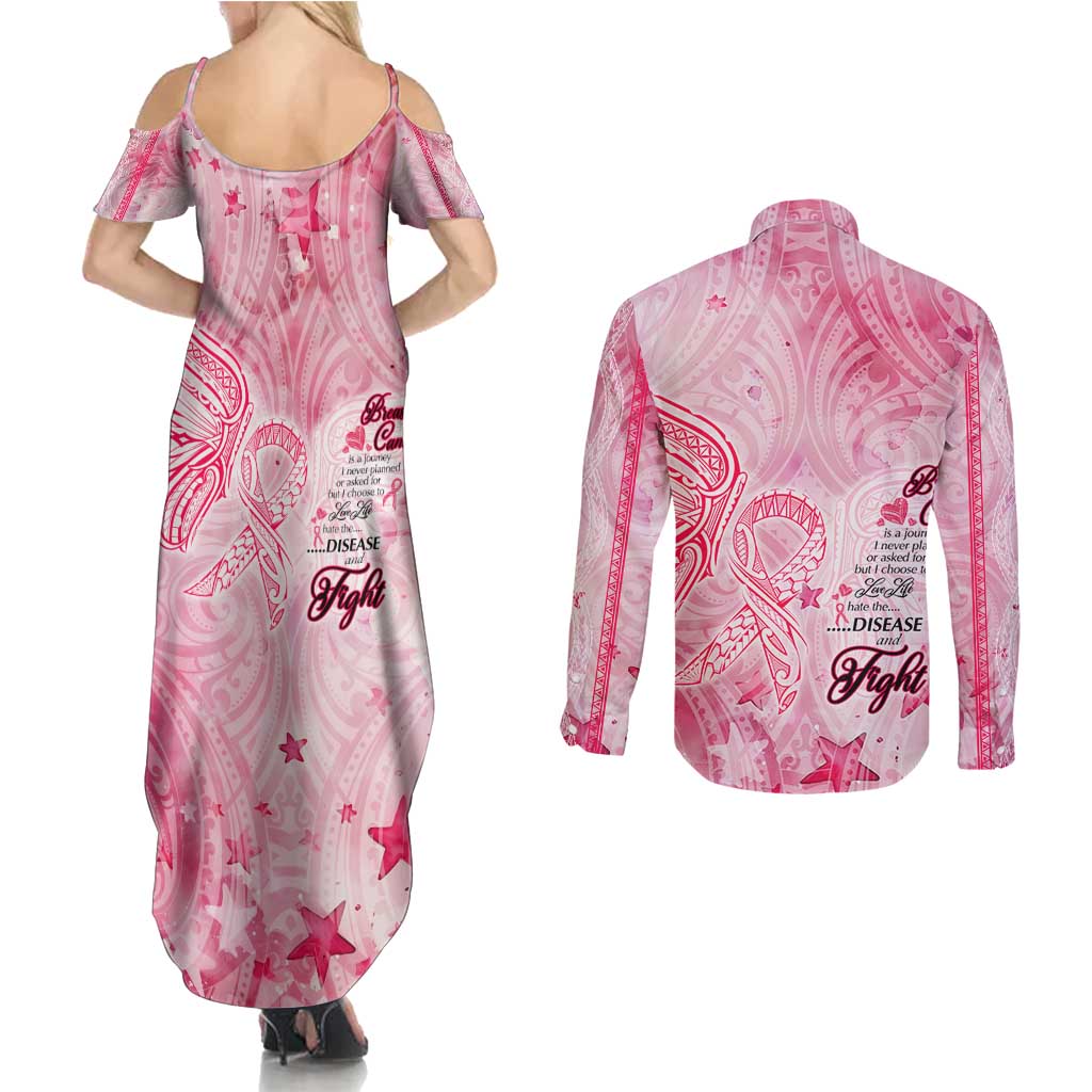 Breast Cancer Awareness Month Couples Matching Summer Maxi Dress and Long Sleeve Button Shirt Butterfly Polynesia Watercolor Pink