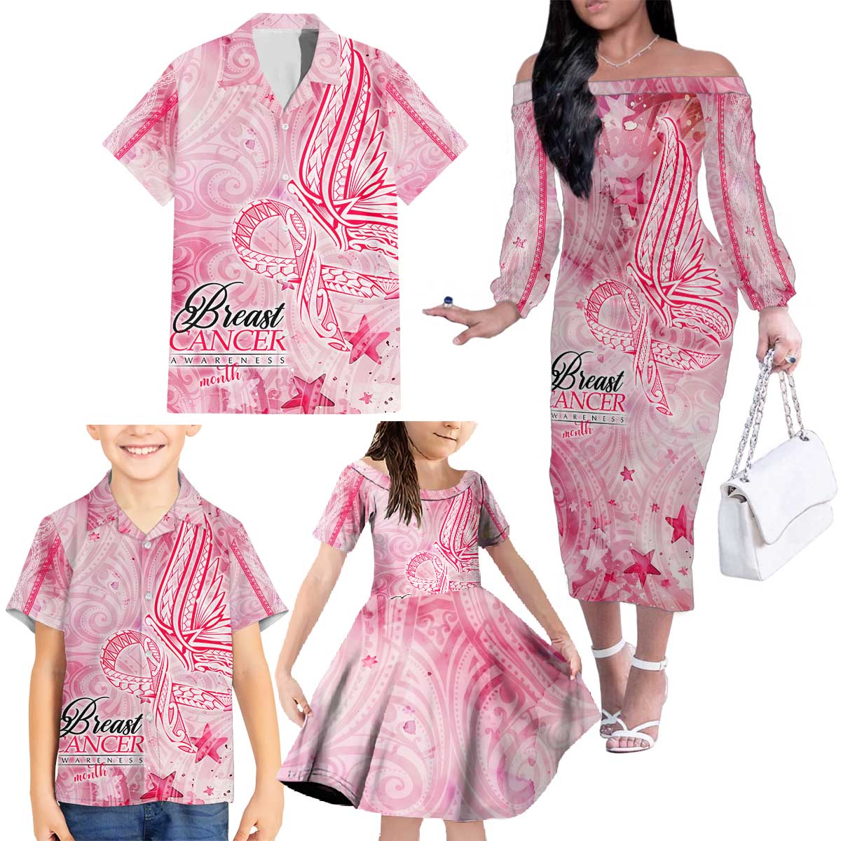 Breast Cancer Awareness Month Family Matching Off The Shoulder Long Sleeve Dress and Hawaiian Shirt Butterfly Polynesia Watercolor Pink