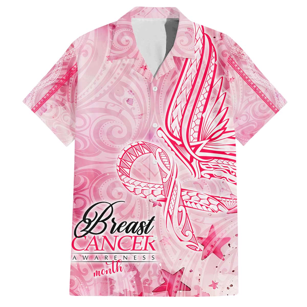 Breast Cancer Awareness Month Family Matching Off The Shoulder Long Sleeve Dress and Hawaiian Shirt Butterfly Polynesia Watercolor Pink