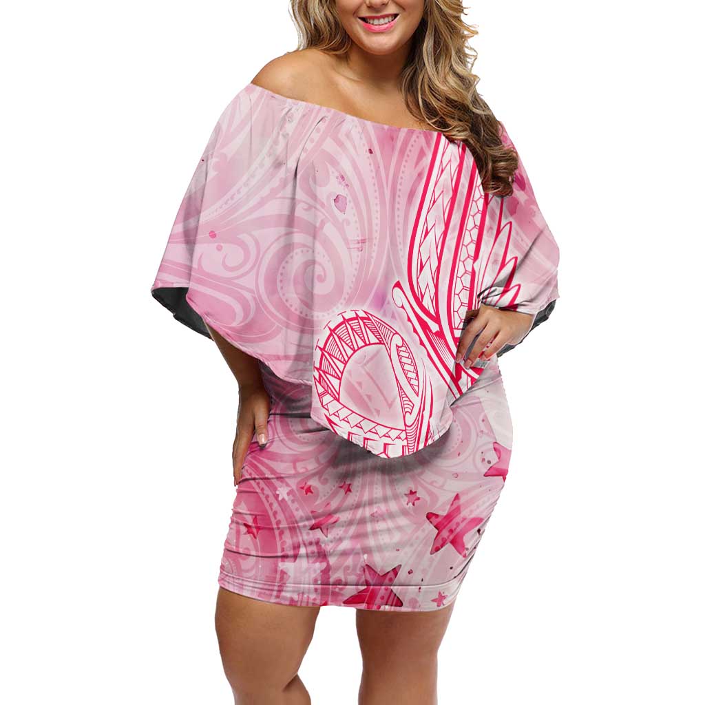 Breast Cancer Awareness Month Family Matching Off Shoulder Short Dress and Hawaiian Shirt Butterfly Polynesia Watercolor Pink