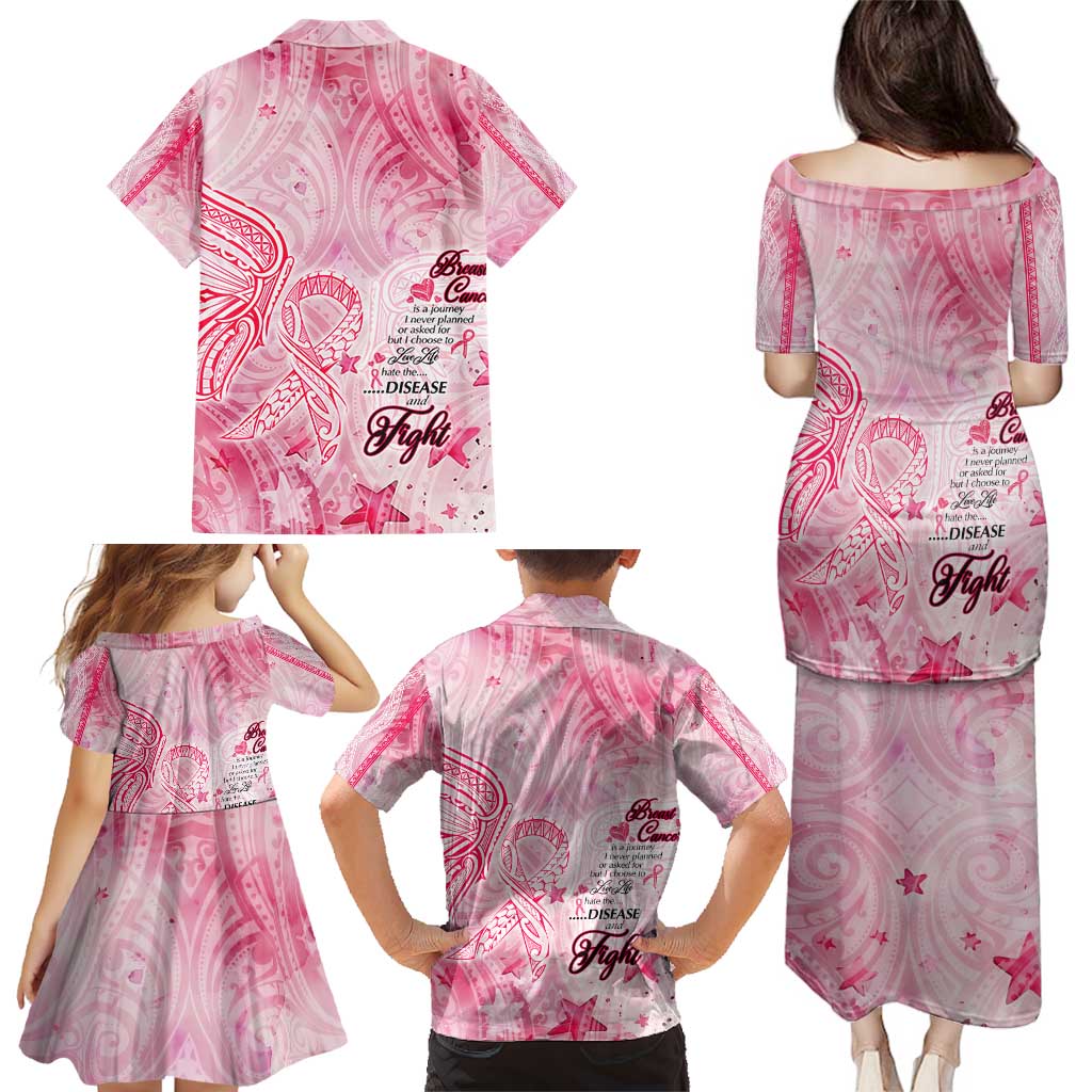 Breast Cancer Awareness Month Family Matching Puletasi and Hawaiian Shirt Butterfly Polynesia Watercolor Pink