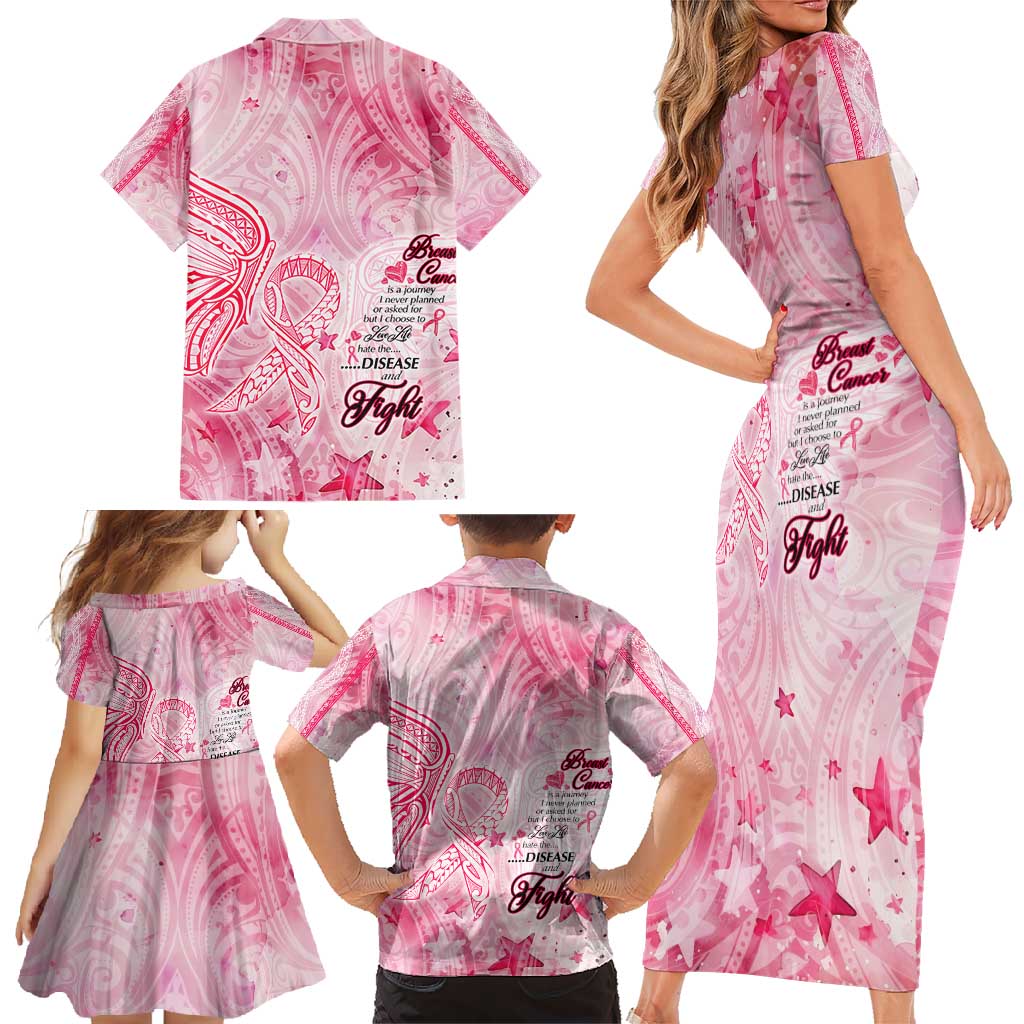 Breast Cancer Awareness Month Family Matching Short Sleeve Bodycon Dress and Hawaiian Shirt Butterfly Polynesia Watercolor Pink