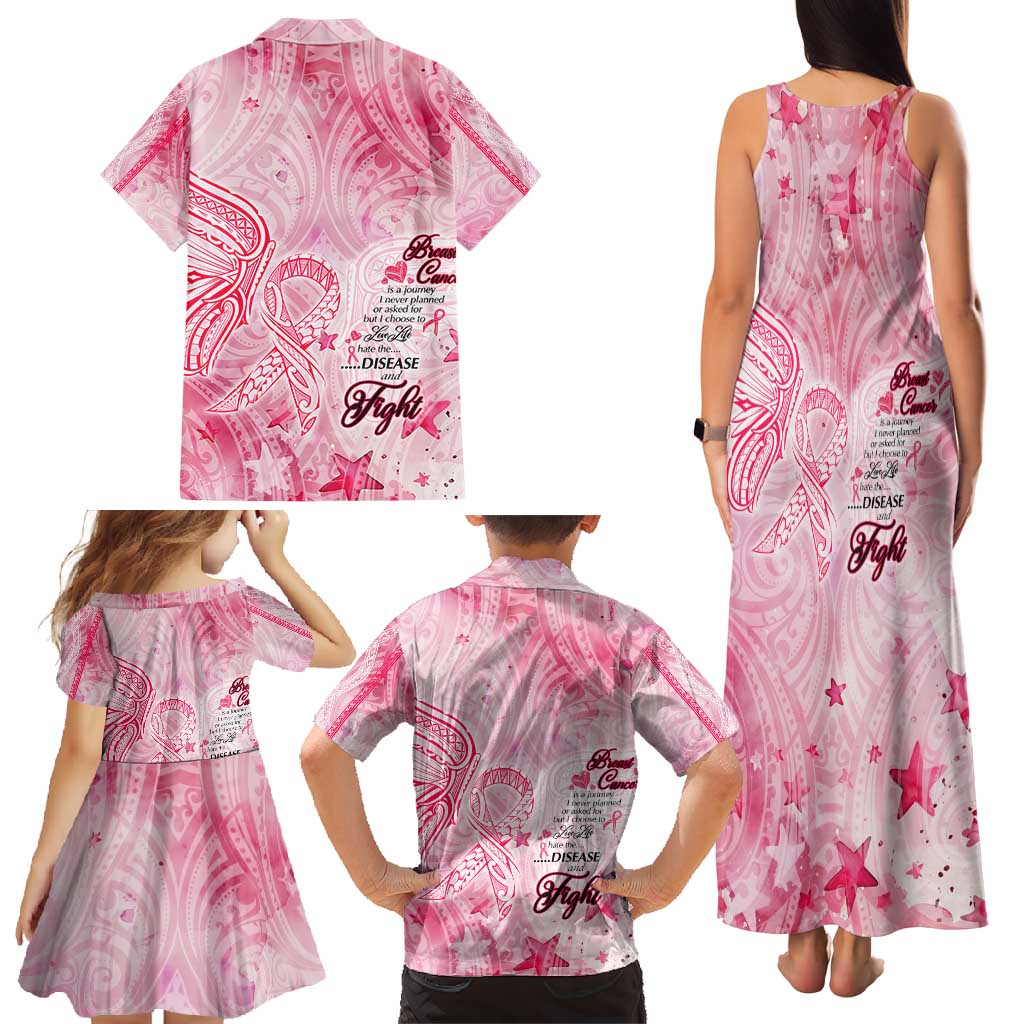Breast Cancer Awareness Month Family Matching Tank Maxi Dress and Hawaiian Shirt Butterfly Polynesia Watercolor Pink