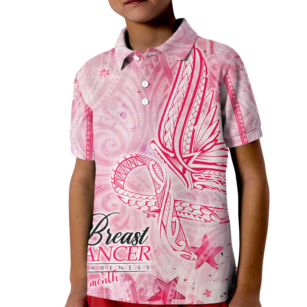 Breast Cancer Awareness Month Kid Polo Shirt Butterfly Polynesia Watercolor Pink DT02 Kid Pink - Polynesian Pride