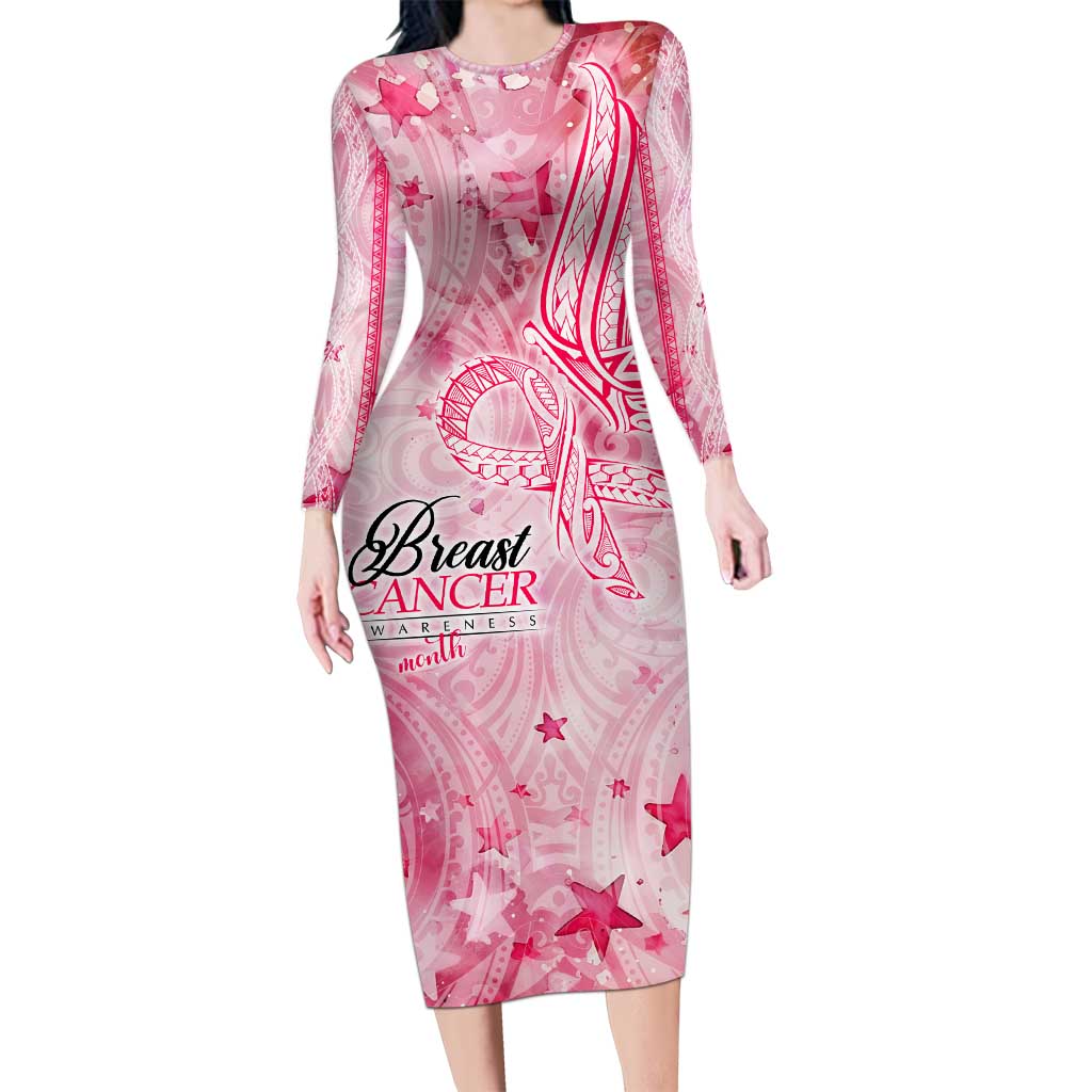 breast cancer pink dresses Breast Cancer Awareness Month Long Sleeve Bodycon Dress Butterfly Polynesia  Watercolor Pink