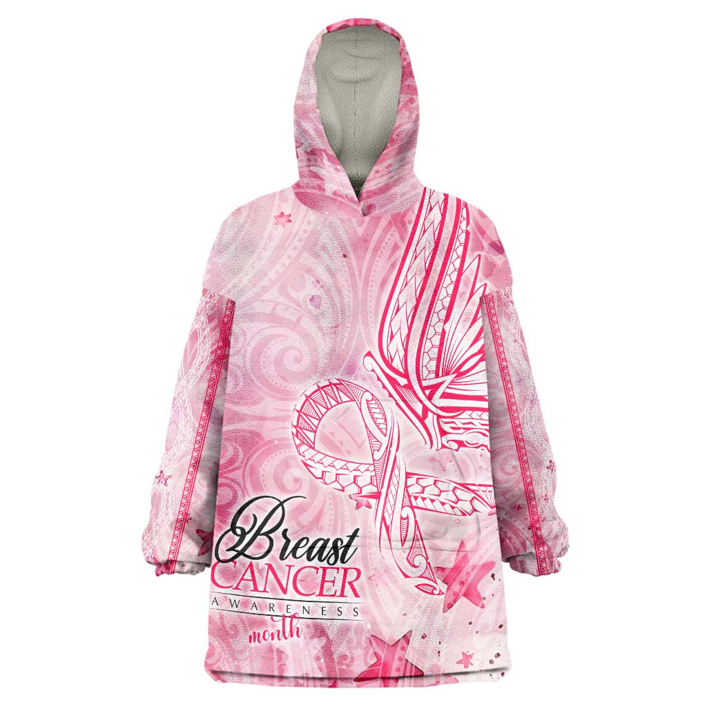 Breast Cancer Awareness Month Wearable Blanket Hoodie Butterfly Polynesia Watercolor Pink DT02 One Size Pink - Polynesian Pride