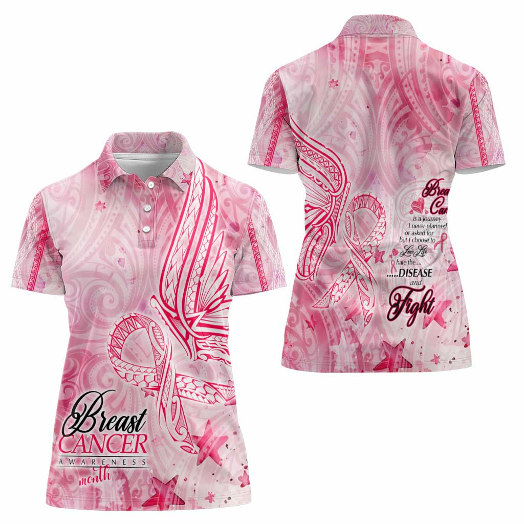 Breast Cancer Awareness Month Women Polo Shirt Butterfly Polynesia Watercolor Pink