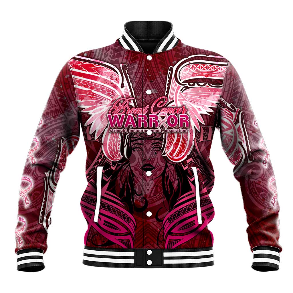 Breast Cancer Warrior Baseball Jacket Angel Wings Polynesian Pattern