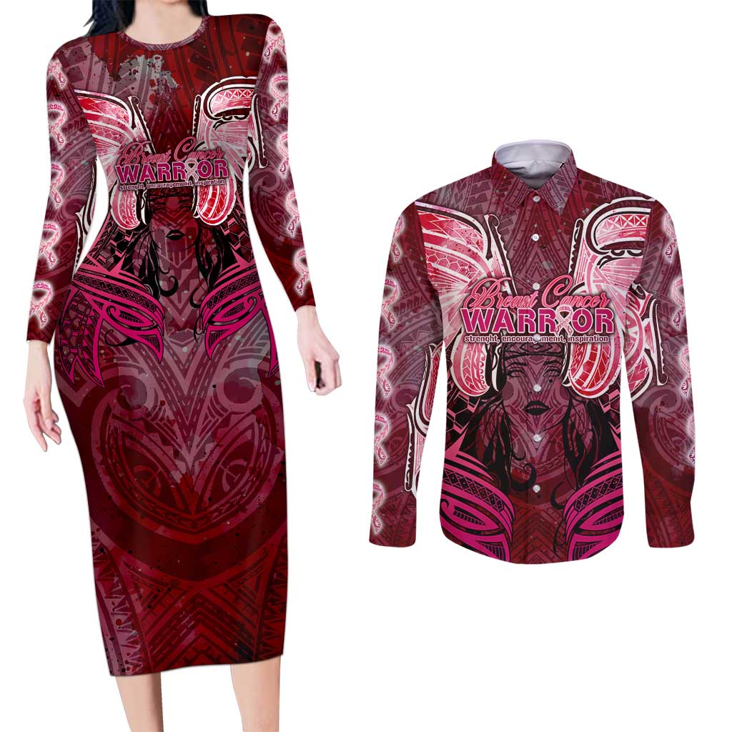 Breast Cancer Warrior Couples Matching Long Sleeve Bodycon Dress and Long Sleeve Button Shirt Angel Wings Polynesian Pattern