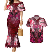 Breast Cancer Warrior Couples Matching Mermaid Dress and Hawaiian Shirt Angel Wings Polynesian Pattern