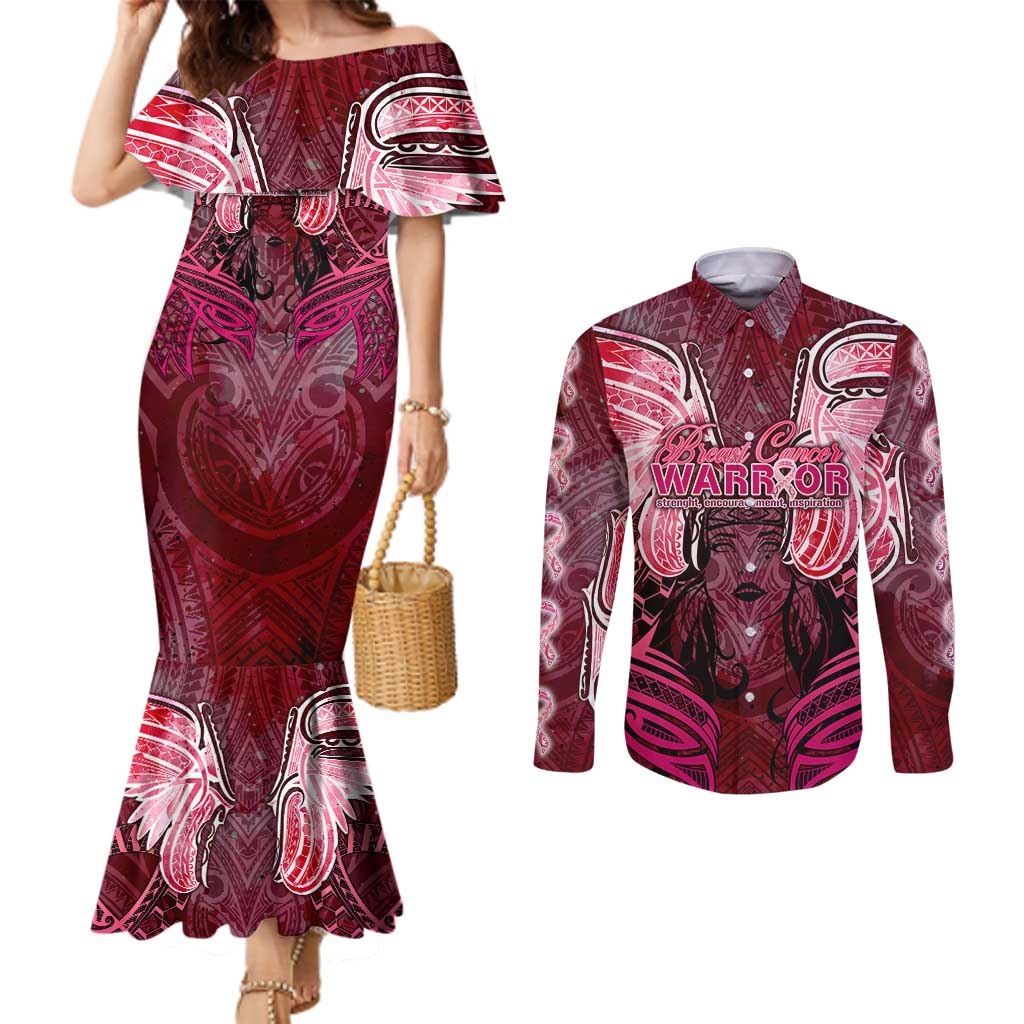 Breast Cancer Warrior Couples Matching Mermaid Dress and Long Sleeve Button Shirt Angel Wings Polynesian Pattern