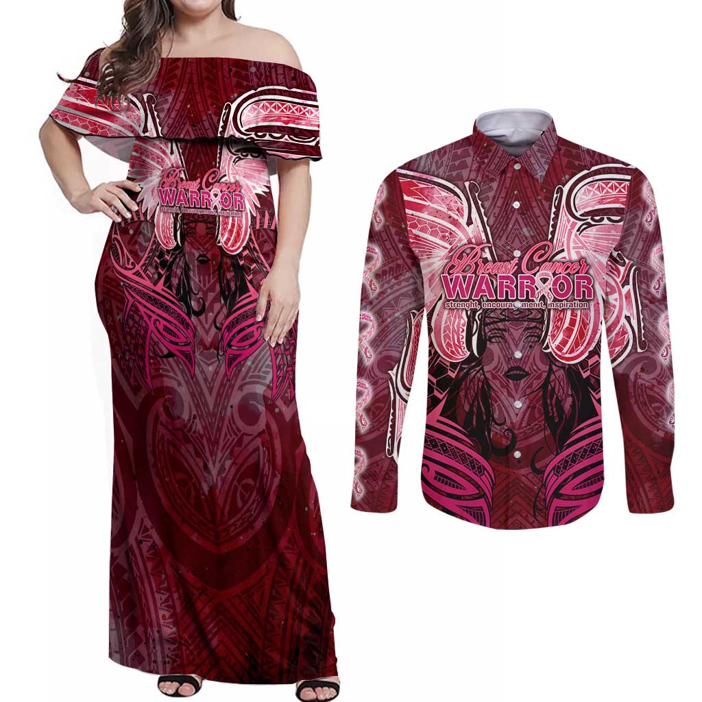 Breast Cancer Warrior Couples Matching Off Shoulder Maxi Dress and Long Sleeve Button Shirt Angel Wings Polynesian Pattern