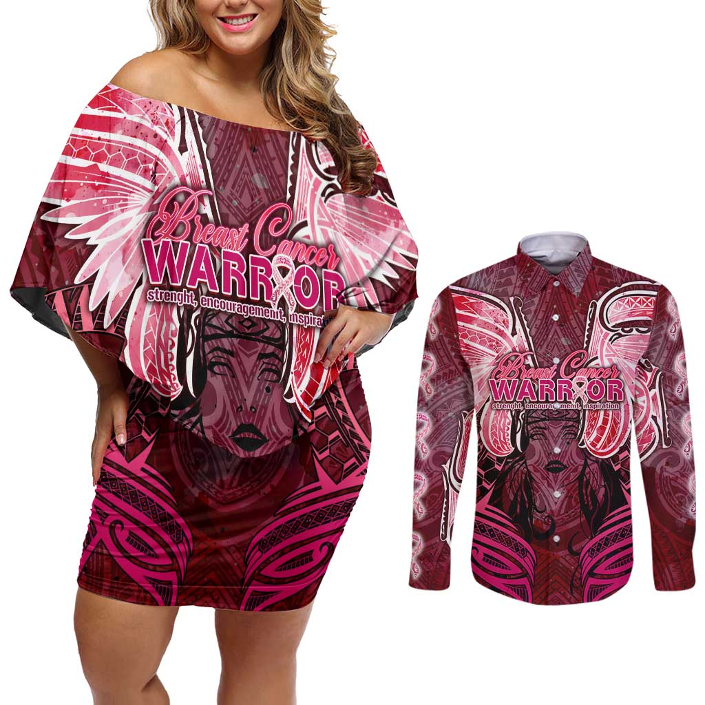 Breast Cancer Warrior Couples Matching Off Shoulder Short Dress and Long Sleeve Button Shirt Angel Wings Polynesian Pattern