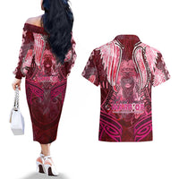 Breast Cancer Warrior Couples Matching Off The Shoulder Long Sleeve Dress and Hawaiian Shirt Angel Wings Polynesian Pattern