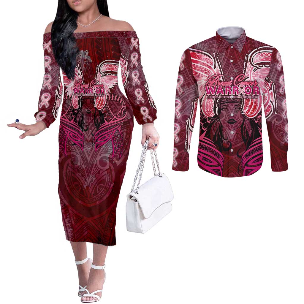 Breast Cancer Warrior Couples Matching Off The Shoulder Long Sleeve Dress and Long Sleeve Button Shirt Angel Wings Polynesian Pattern