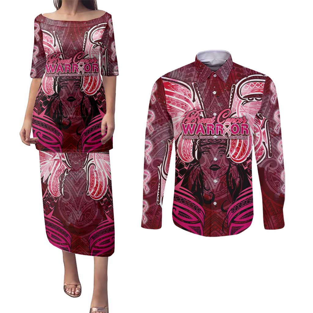 Breast Cancer Warrior Couples Matching Puletasi and Long Sleeve Button Shirt Angel Wings Polynesian Pattern