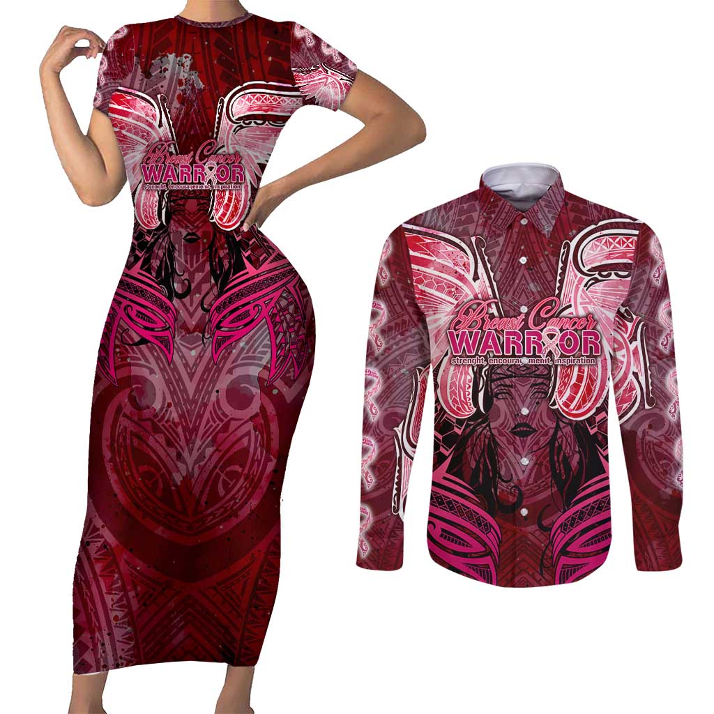 Breast Cancer Warrior Couples Matching Short Sleeve Bodycon Dress and Long Sleeve Button Shirt Angel Wings Polynesian Pattern