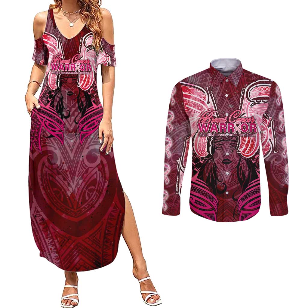 Breast Cancer Warrior Couples Matching Summer Maxi Dress and Long Sleeve Button Shirt Angel Wings Polynesian Pattern