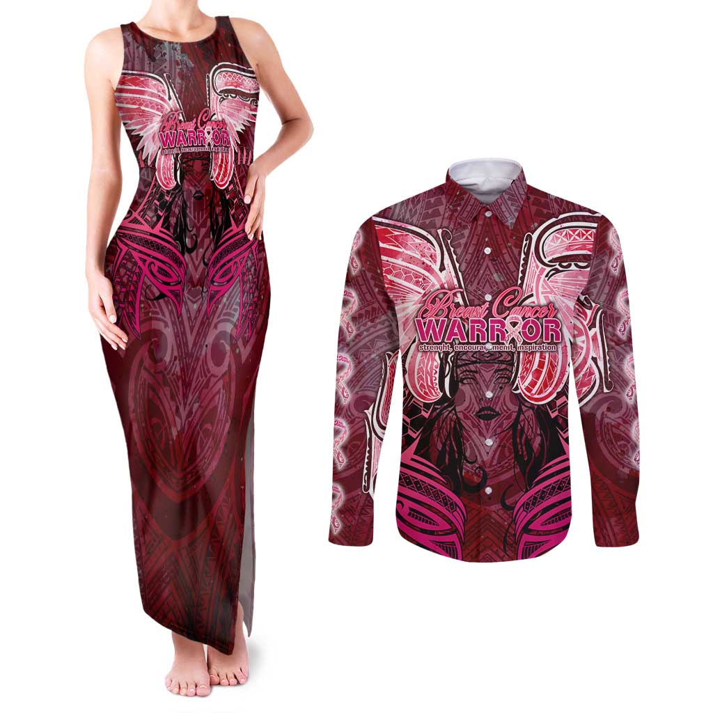 Breast Cancer Warrior Couples Matching Tank Maxi Dress and Long Sleeve Button Shirt Angel Wings Polynesian Pattern