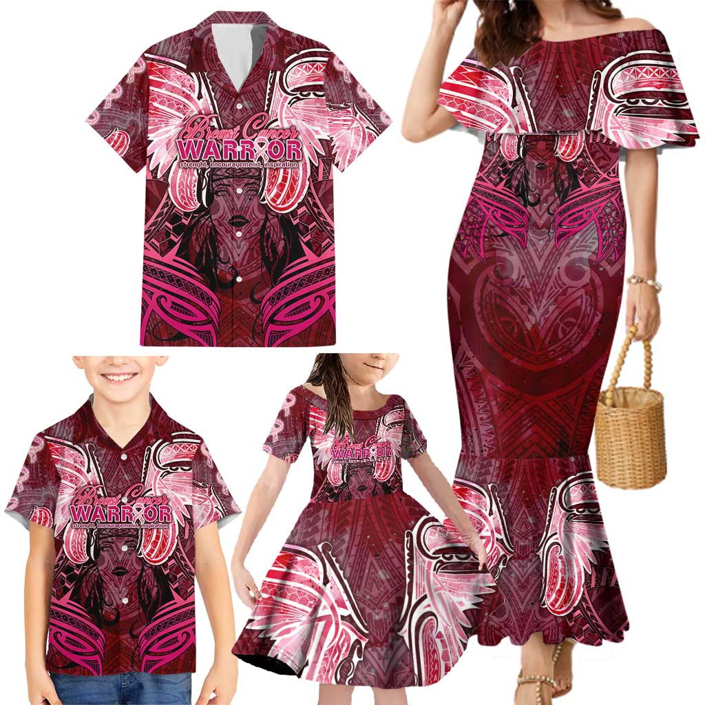 Breast Cancer Warrior Family Matching Mermaid Dress and Hawaiian Shirt Angel Wings Polynesian Pattern