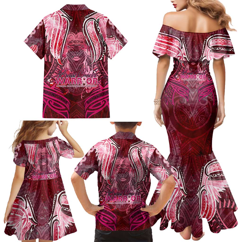 Breast Cancer Warrior Family Matching Mermaid Dress and Hawaiian Shirt Angel Wings Polynesian Pattern