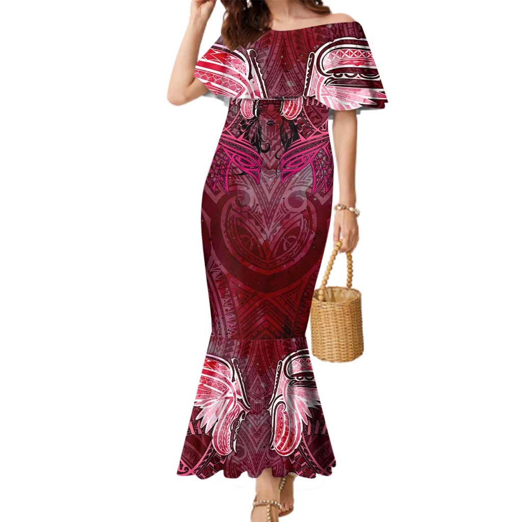 Breast Cancer Warrior Family Matching Mermaid Dress and Hawaiian Shirt Angel Wings Polynesian Pattern