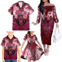 Breast Cancer Warrior Family Matching Off The Shoulder Long Sleeve Dress and Hawaiian Shirt Angel Wings Polynesian Pattern