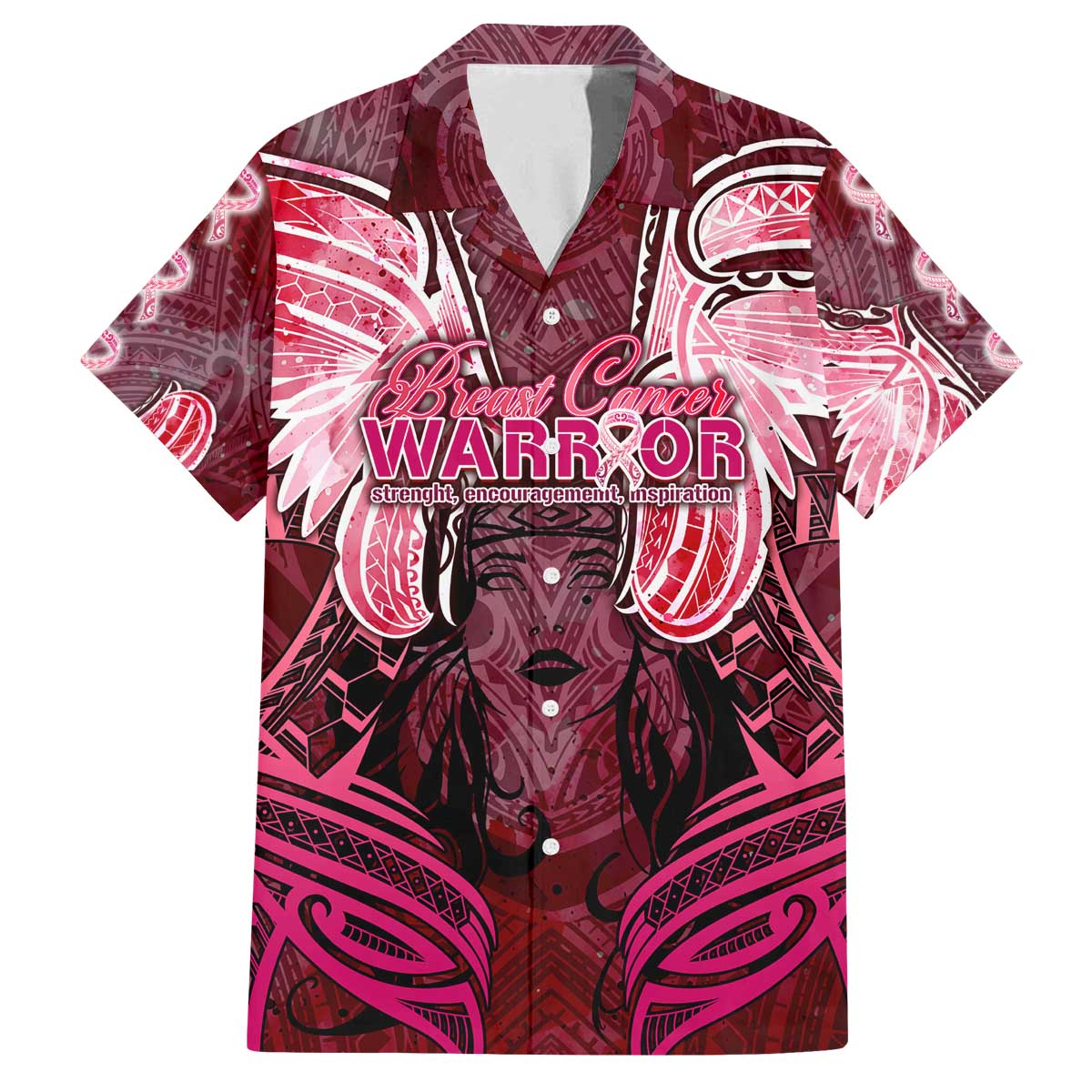 Breast Cancer Warrior Family Matching Off The Shoulder Long Sleeve Dress and Hawaiian Shirt Angel Wings Polynesian Pattern