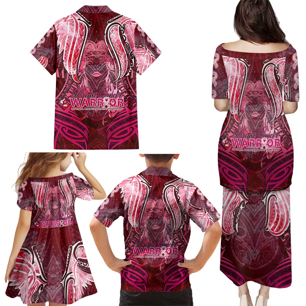 Breast Cancer Warrior Family Matching Puletasi and Hawaiian Shirt Angel Wings Polynesian Pattern