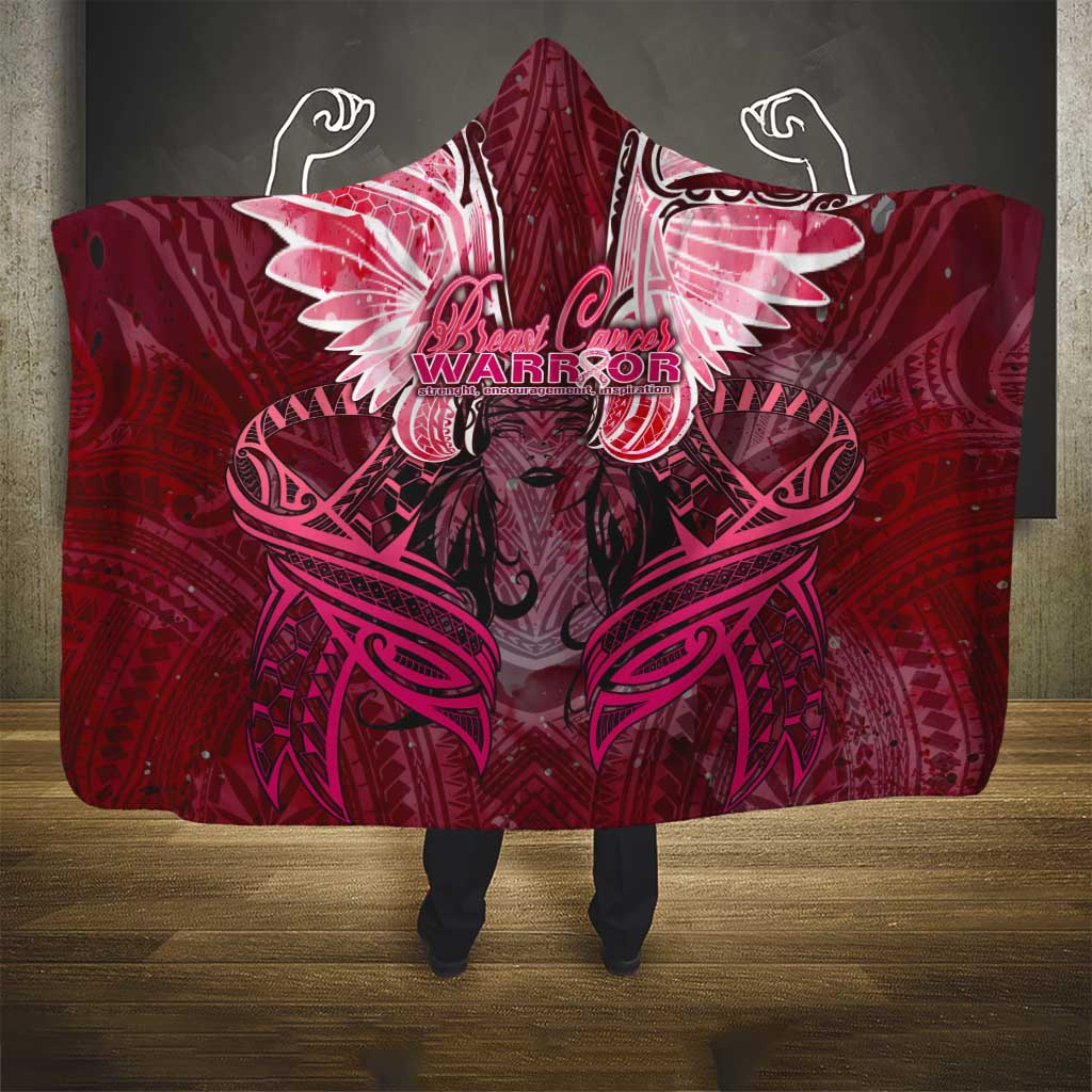 Breast Cancer Warrior Hooded Blanket Angel Wings Polynesian Pattern