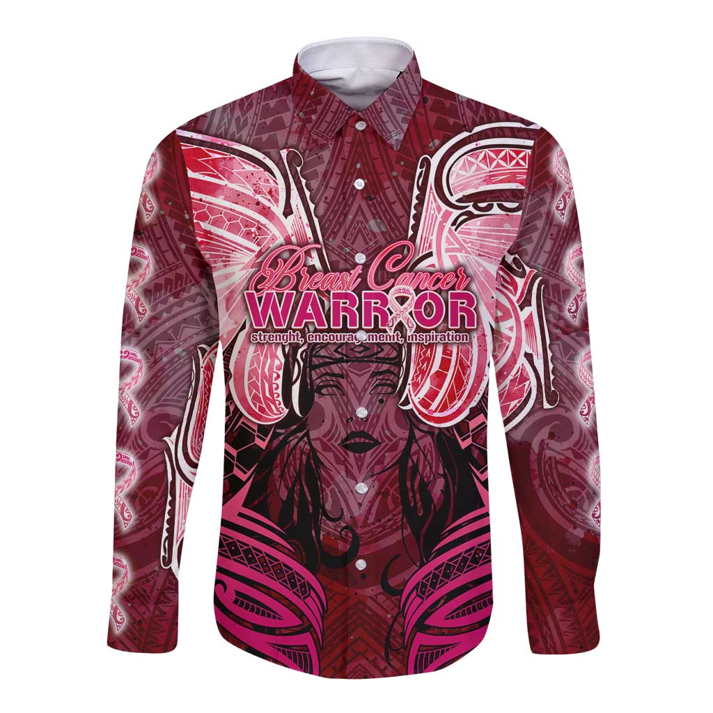 Breast Cancer Warrior Long Sleeve Button Shirt Angel Wings Polynesian Pattern