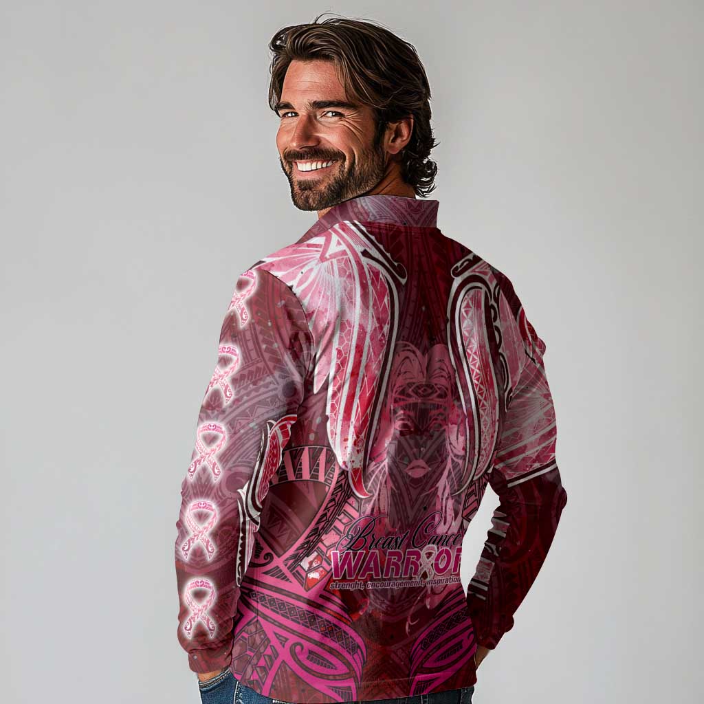 Breast Cancer Warrior Long Sleeve Polo Shirt Angel Wings Polynesian Pattern